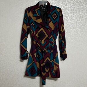 Mason Thomas Abstract Colorblock Geometric Double Breasted Belted Trench Coat M